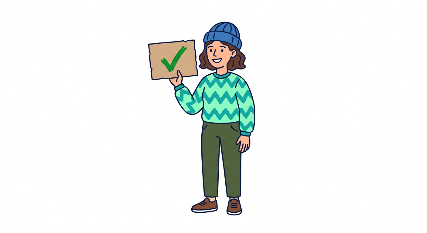 Illustration of a founder in a mint zigzag sweater holding up a sign with a green check mark