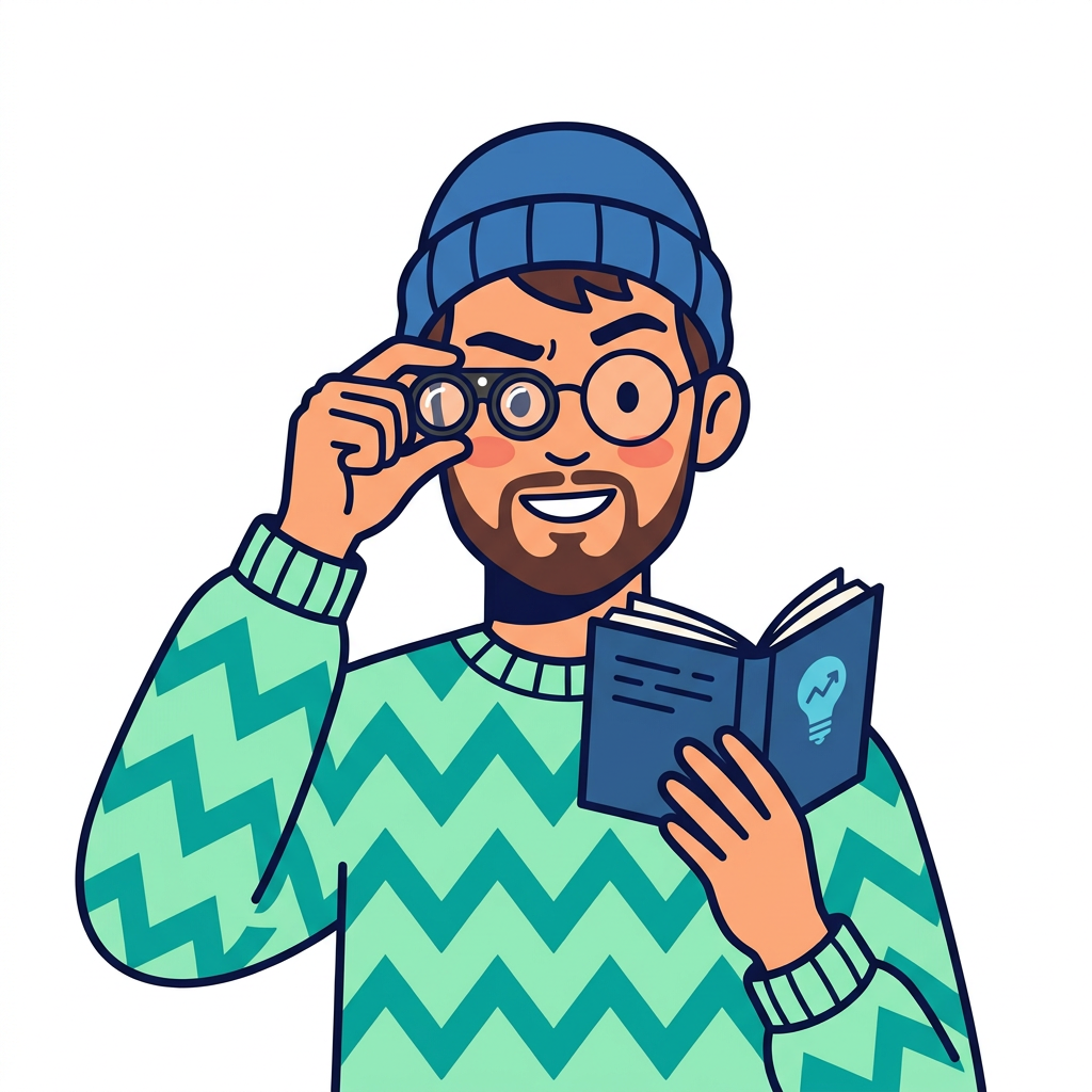 Illustration of a founder holding a small magnifying lens to one eye and reading a book