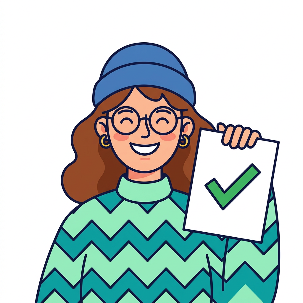 Illustration of a smiling founder holding up a sheet of paper with a green check mark